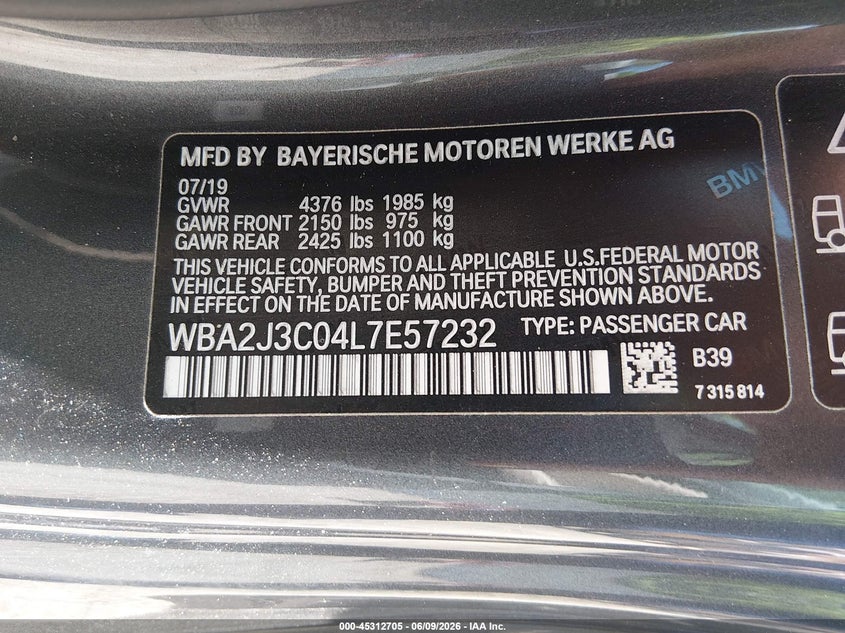 2020 BMW 230I xDrive VIN: WBA2J3C04L7E57232 Lot: 45312705