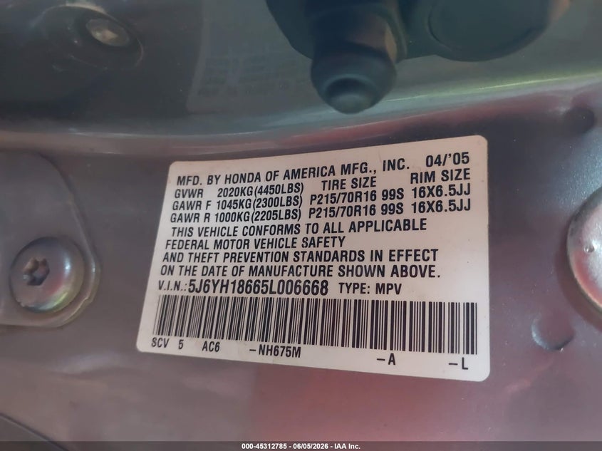 2005 Honda Element Ex VIN: 5J6YH18665L006668 Lot: 45312785