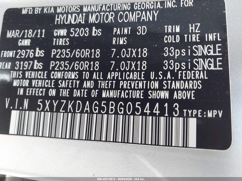 2011 Hyundai Santa Fe Limited V6 VIN: 5XYZKDAG5BG054413 Lot: 45312813