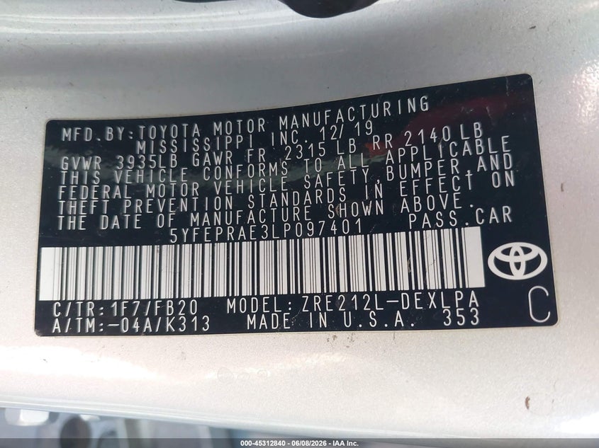 2020 TOYOTA COROLLA SEDAN 1.8L I-4 DOHC, VVT, 139HP