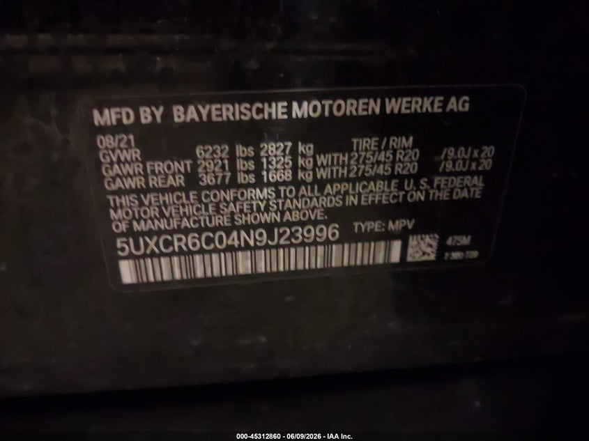 2022 BMW X5 xDrive40I VIN: 5UXCR6C04N9J23996 Lot: 45312860