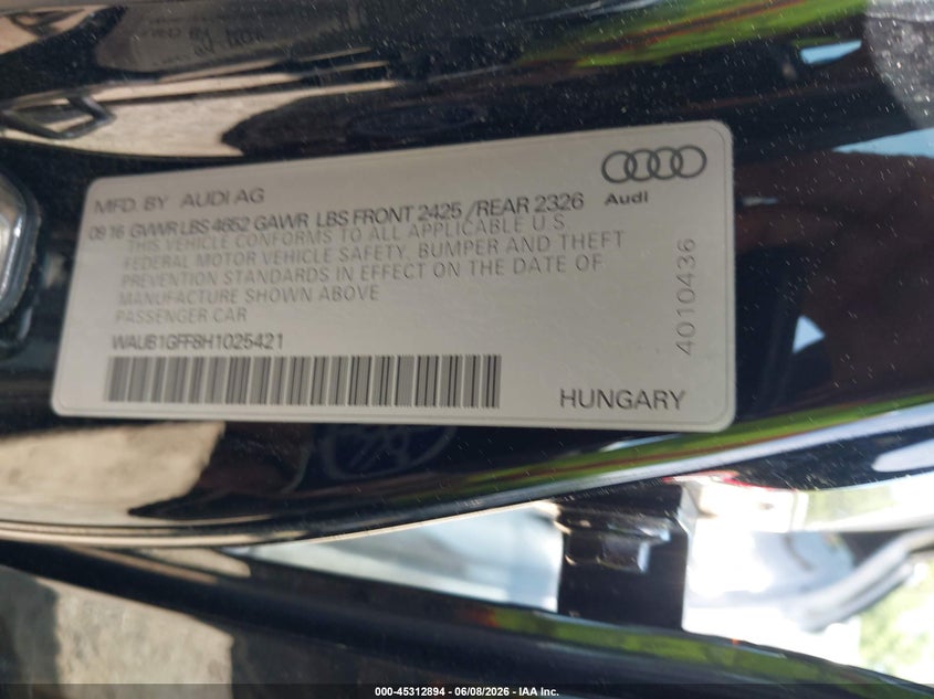 2017 Audi S3 Premium Plus VIN: WAUB1GFF8H1025421 Lot: 45312894