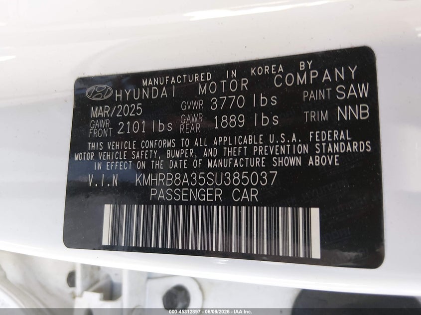 2025 Hyundai Venue Se VIN: KMHRB8A35SU385037 Lot: 45312897