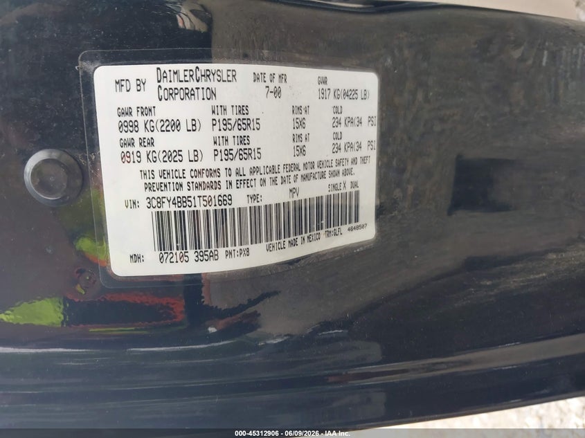 2001 Chrysler Pt Cruiser VIN: 3C8FY4BB51T501669 Lot: 45312906