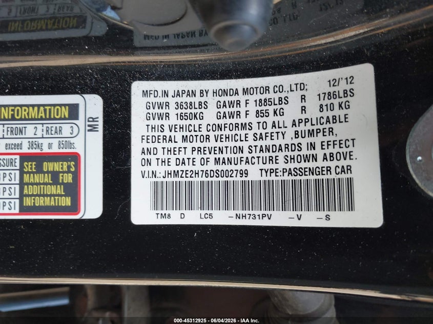 2013 Honda Insight Ex VIN: JHMZE2H76DS002799 Lot: 45312925
