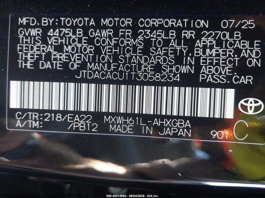 2026 Toyota Prius Plug-In Hybrid Xse VIN: JTDACACU1T3058234 Lot: 45312950