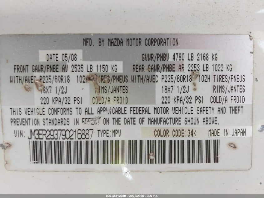 2009 Mazda Cx-7 Sport VIN: JM3ER293790216887 Lot: 45312980
