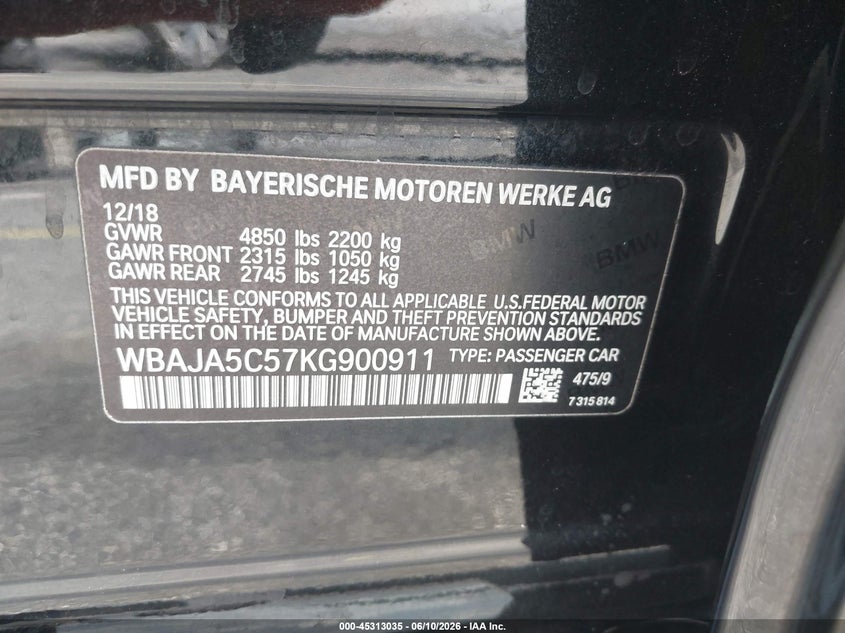 2019 BMW 530I VIN: WBAJA5C57KG900911 Lot: 45313035