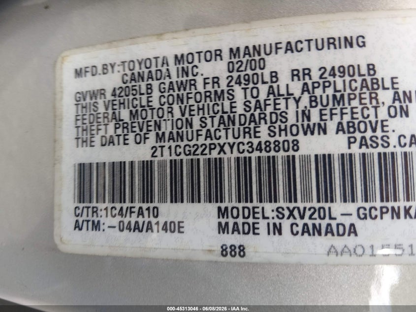 TOYOTA CAMRY SOLARA 2000 VIN 2T1CG22PXYC348808