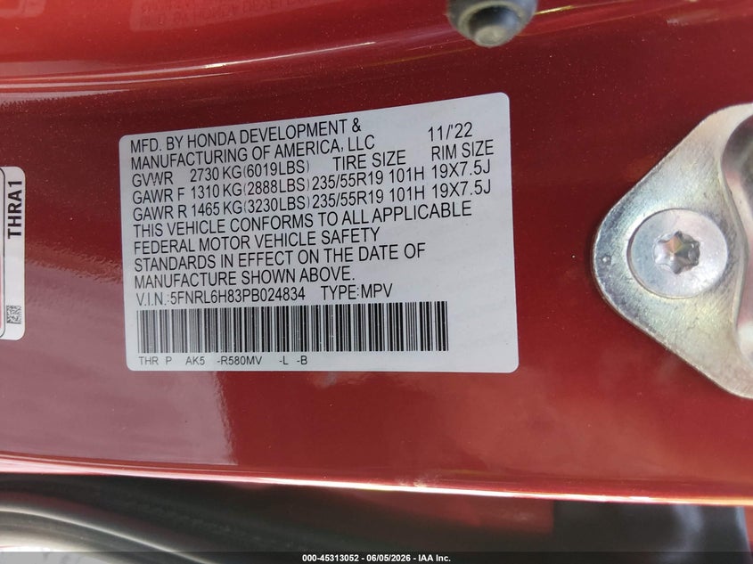 2023 HONDA ODYSSEY 3.5L V-6 DI, VVT, 28(VIN: 5FNRL6H83PB024834