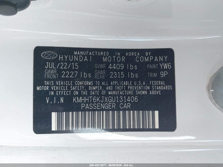 2016 Hyundai Genesis 3.8 Base VIN: KMHHT6KJXGU131406 Lot: 45313077
