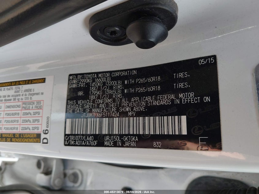 2015 Lexus Gx 460 VIN: JTJBM7FX6F5117424 Lot: 45313079