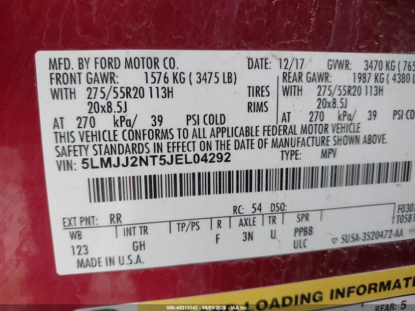 2018 Lincoln Navigator Premiere VIN: 5LMJJ2NT5JEL04292 Lot: 45313142