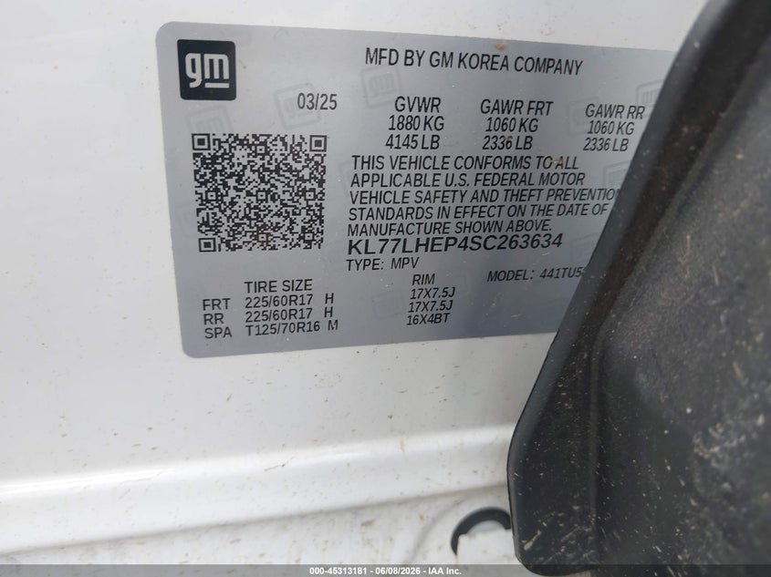 2025 CHEVROLET TRAX 1.2L I-3 DI, DOHC, V(VIN: KL77LHEP4SC263634