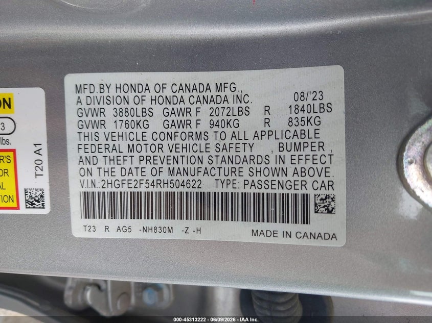 2024 HONDA CIVIC 2.0L I-4 DI, DOHC, V(VIN: 2HGFE2F54RH504622