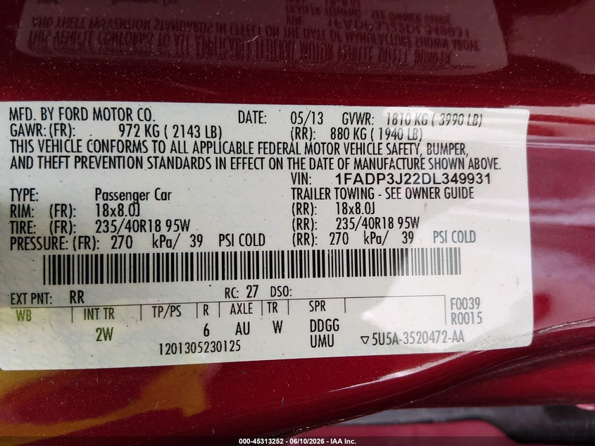 2013 Ford Focus Titanium VIN: 1FADP3J22DL349931 Lot: 45313252