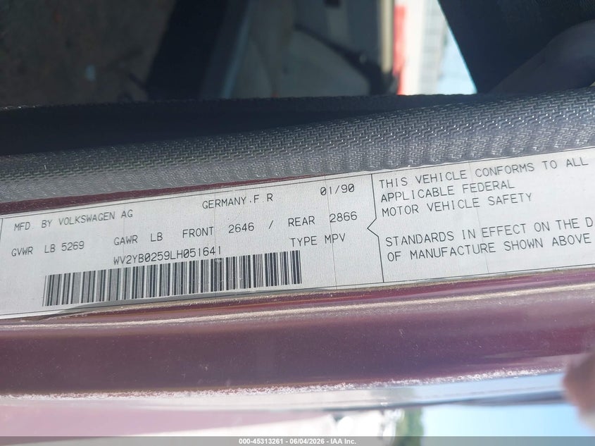 1990 Volkswagen Vanagon Bus VIN: WV2YB0259LH051641 Lot: 45313261