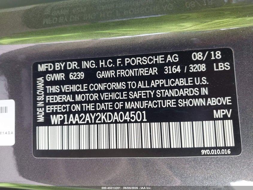 2019 Porsche Cayenne 3.0 grey Lot 111045313281 Vin WP1AA2AY2KDA04501