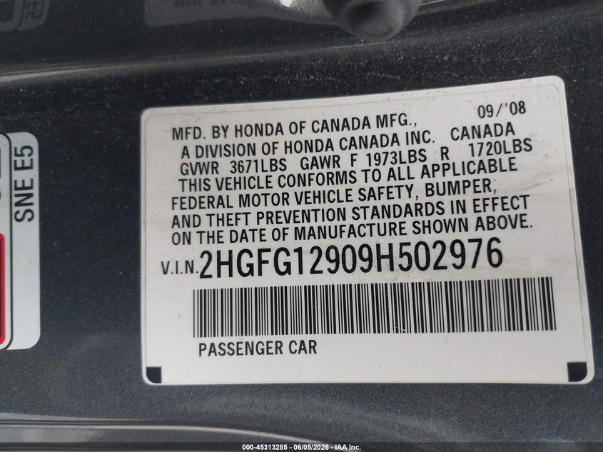 2009 Honda Civic Ex-L VIN: 2HGFG12909H502976 Lot: 45313285