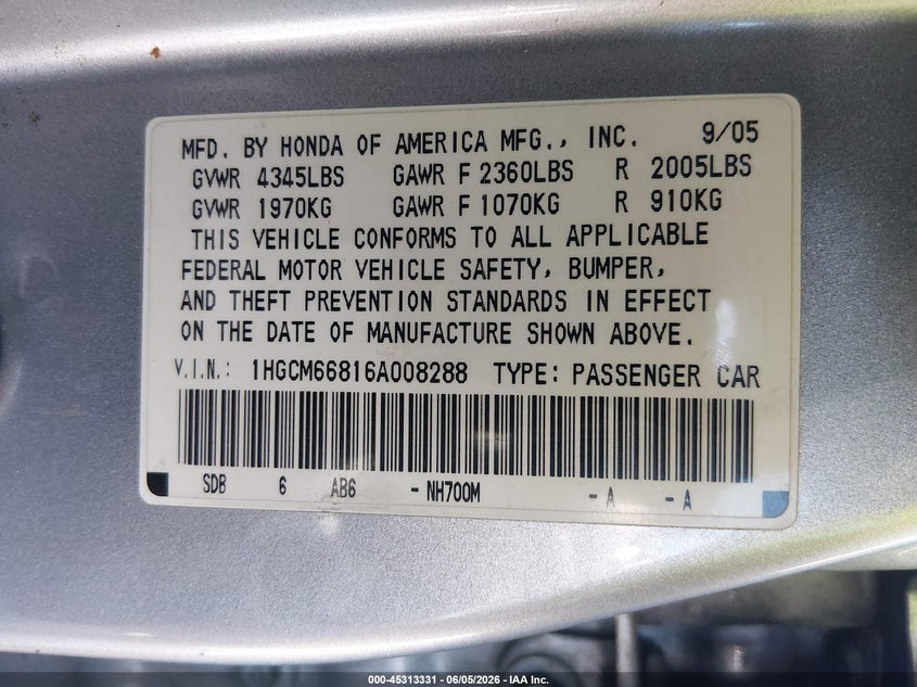 2006 Honda Accord 3.0 Ex VIN: 1HGCM66816A008288 Lot: 45313331