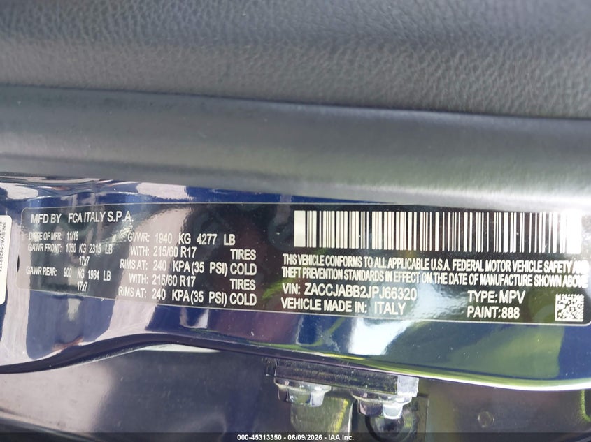 2018 Jeep Renegade Latitude Fwd VIN: ZACCJABB2JPJ66320 Lot: 45313350