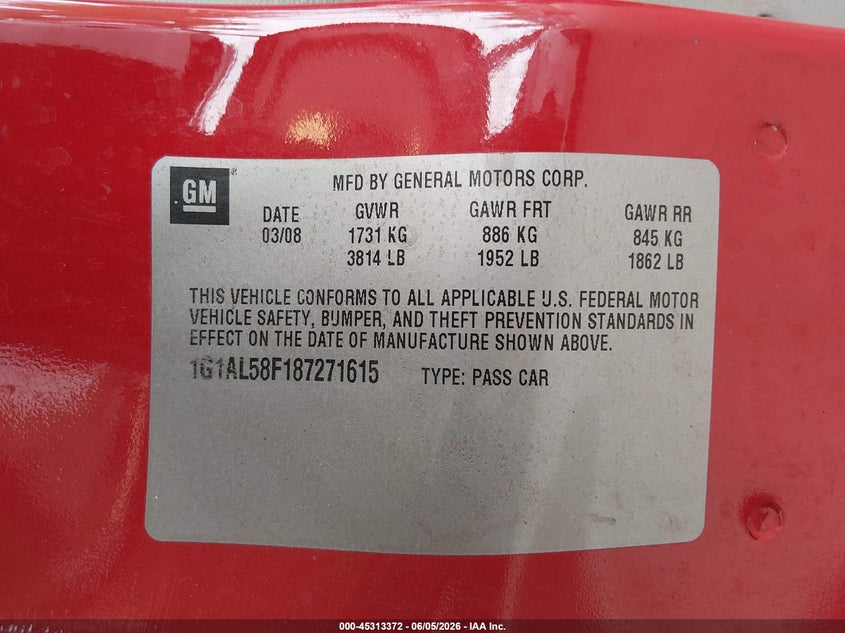 2008 Chevrolet Cobalt Lt VIN: 1G1AL58F187271615 Lot: 45313372