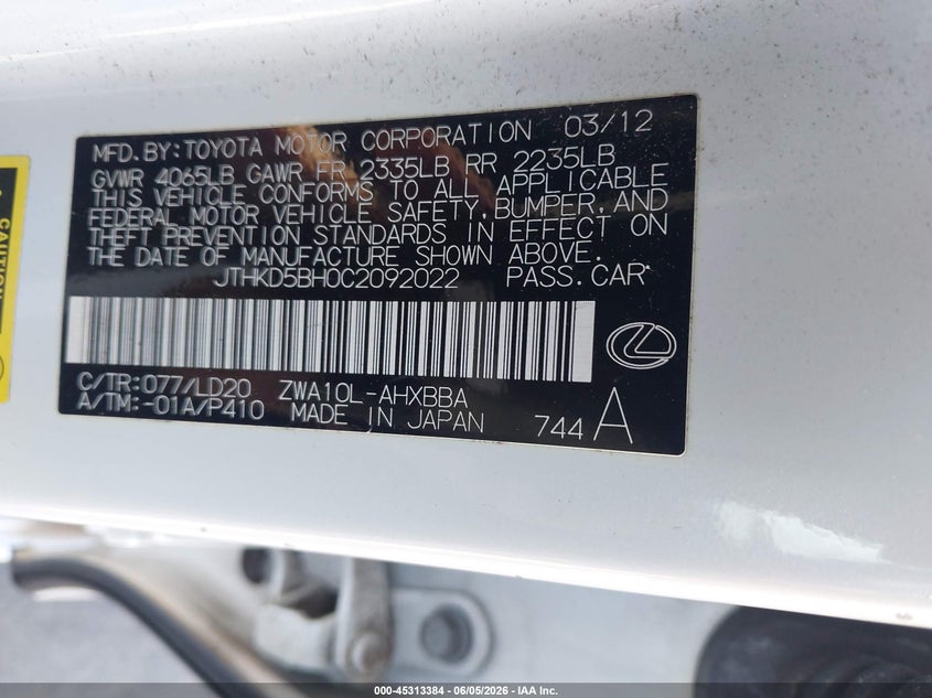 2012 Lexus Ct 200h 1.8 Premium White Lot 111045313384 Vin JTHKD5BH0C2092022