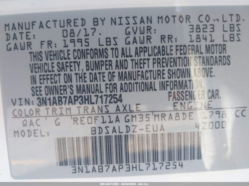 2017 Nissan Sentra Sv VIN: 3N1AB7AP3HL717254 Lot: 45313390