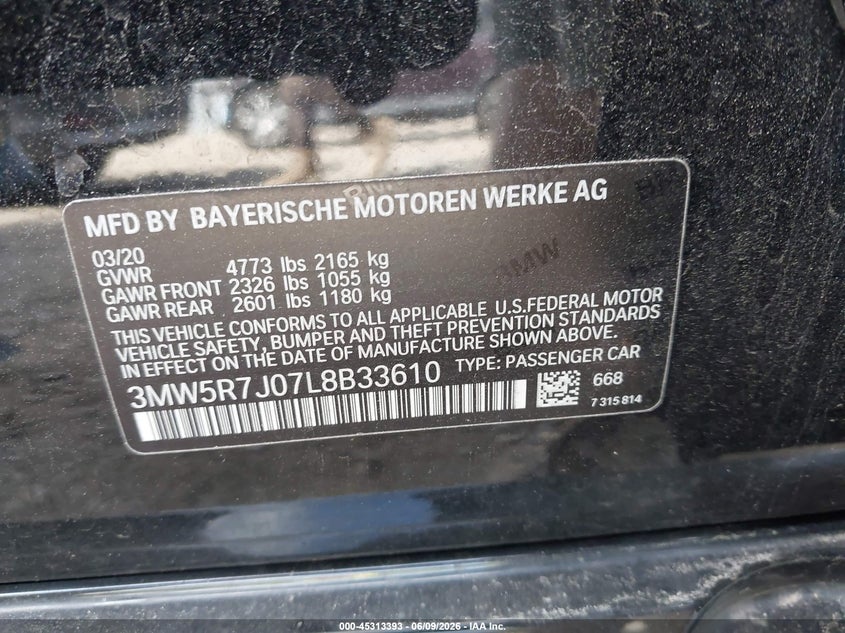 2020 BMW 330I xDrive VIN: 3MW5R7J07L8B33610 Lot: 45313393