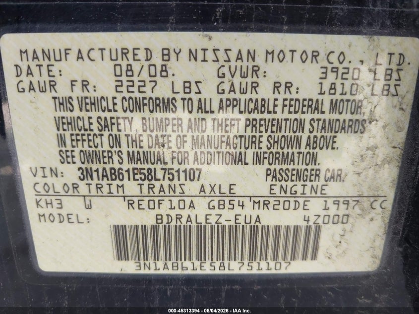 2008 Nissan Sentra 2.0S VIN: 3N1AB61E58L751107 Lot: 45313394