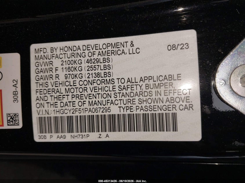 HONDA ACCORD HYBRID 2023 VIN 1HGCY2F51PA067295