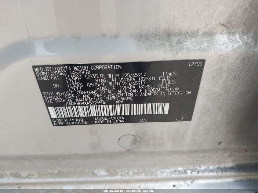 2010 Toyota Rav4 Limited VIN: JTMDF4DVXA5025506 Lot: 45313519