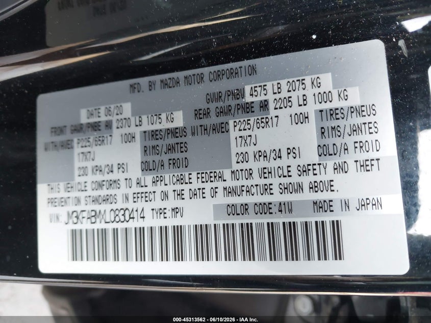 2020 Mazda Cx-5 Sport VIN: JM3KFABMXL0830414 Lot: 45313562