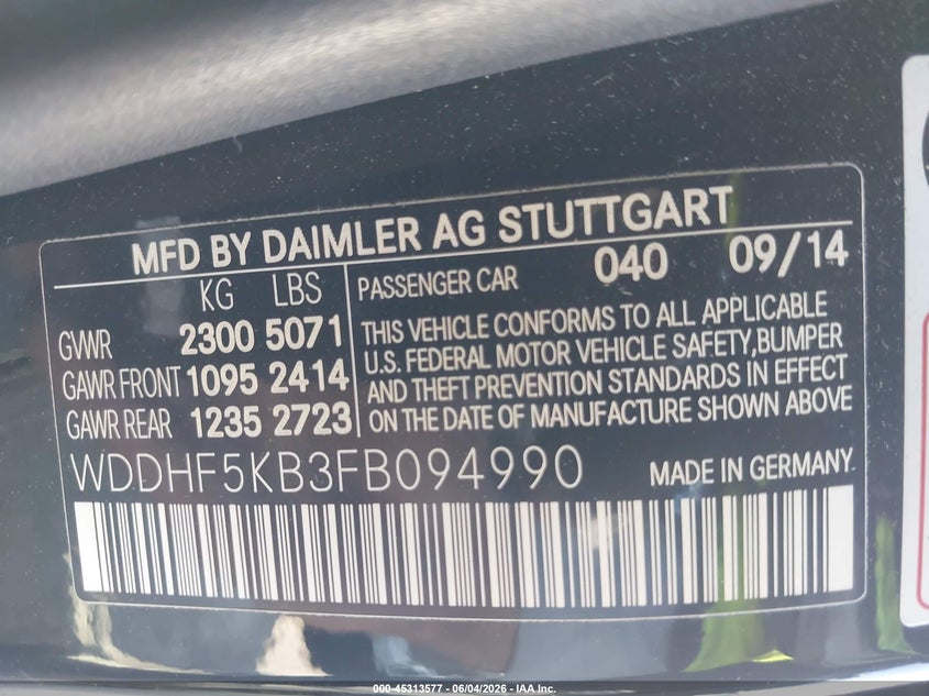 2015 Mercedes-Benz E 350 VIN: WDDHF5KB3FB094990 Lot: 45313577