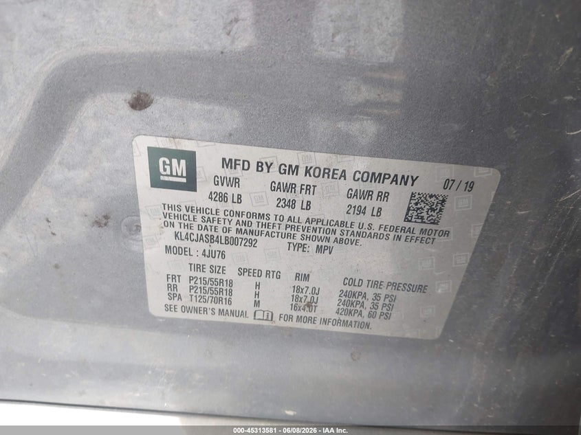 BUICK ENCORE 2020 VIN KL4CJASB4LB007292