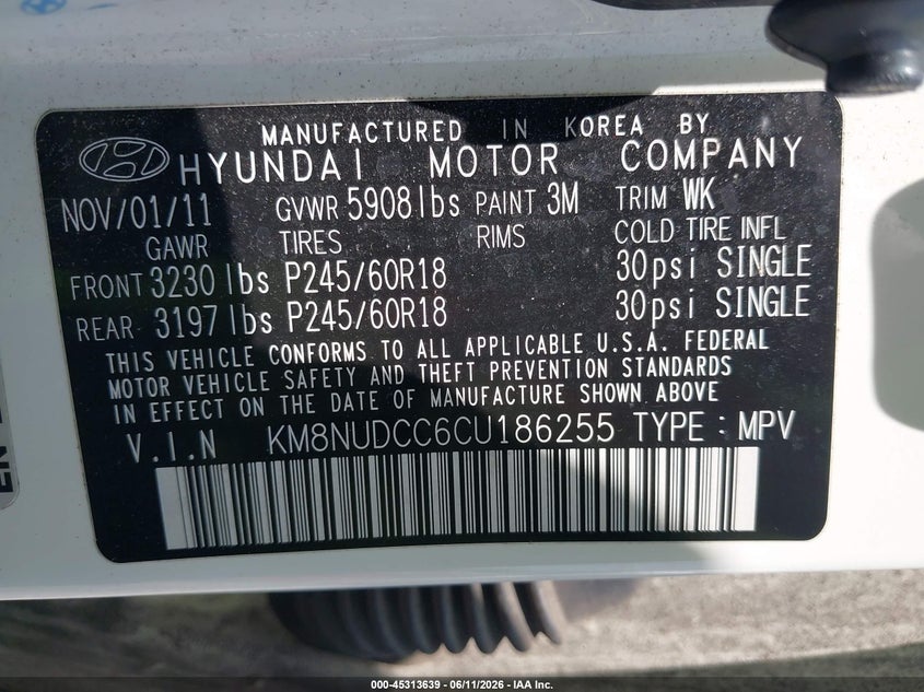 2012 Hyundai Veracruz Limited VIN: KM8NUDCC6CU186255 Lot: 45313639