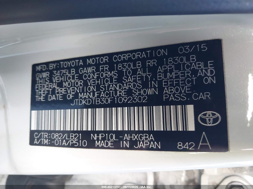 2015 Toyota Prius C Four VIN: JTDKDTB30F1092302 Lot: 45313757
