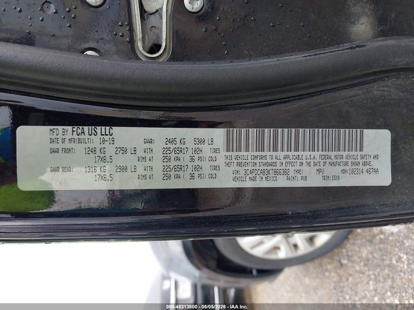 VIN: 3C4PDCAB3KT866382 2019 DODGE JOURNEY SE VALUE PACKAGE