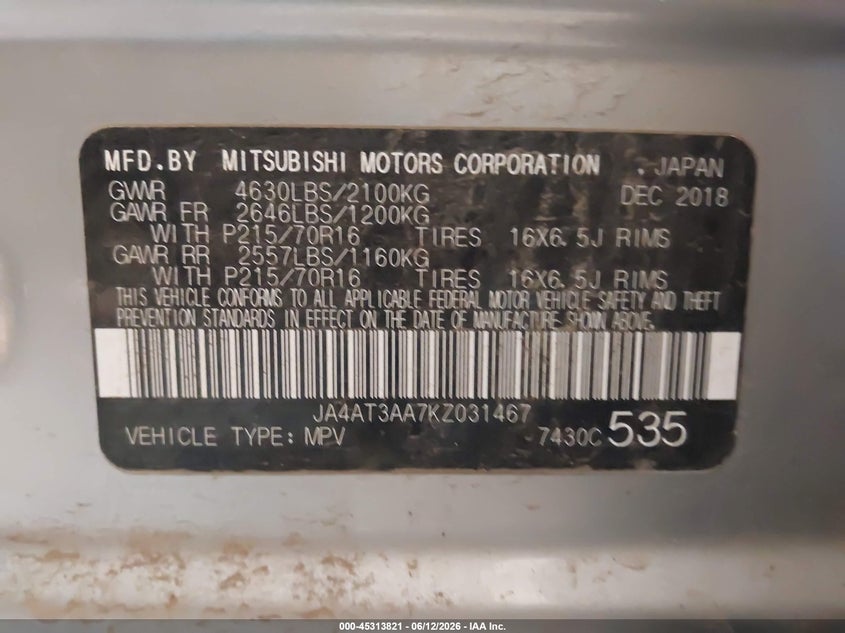 2019 Mitsubishi Eclipse Cross Es VIN: JA4AT3AA7KZ031467 Lot: 45313821
