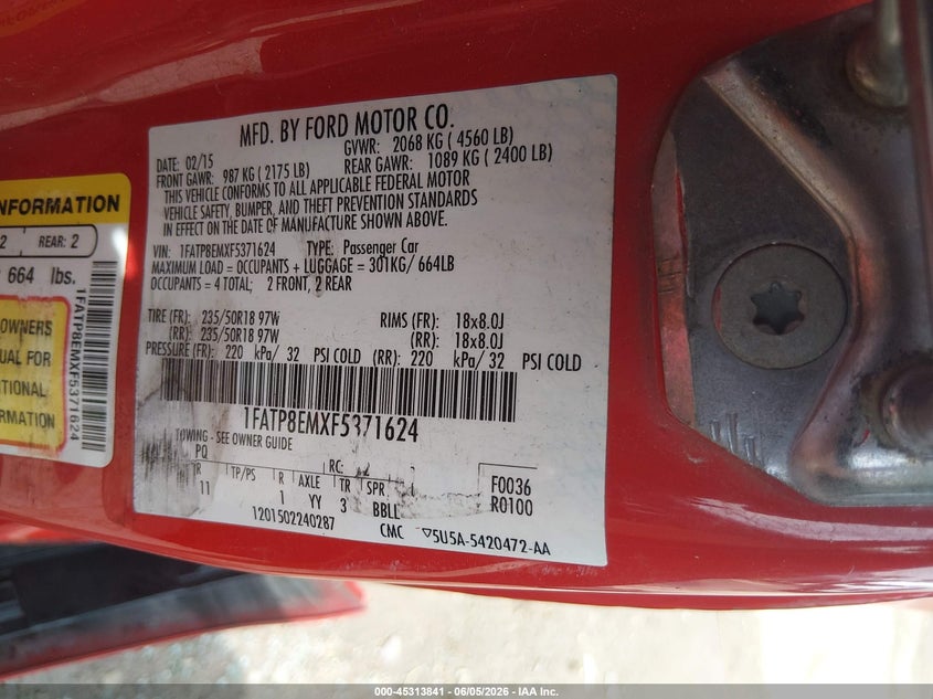 2015 Ford Mustang V6 VIN: 1FATP8EMXF5371624 Lot: 45313841