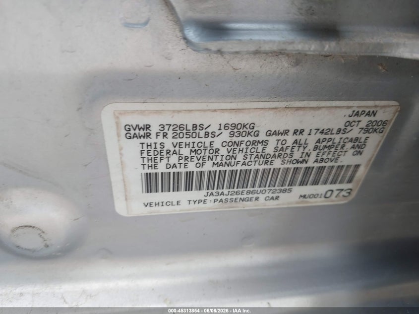 2006 Mitsubishi Lancer Es/Se VIN: JA3AJ26E86U072385 Lot: 45313854