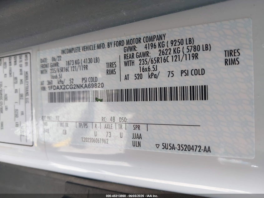 2022 Ford Transit 3.5 white Lot 111045313868 Vin 1FDAX2CG2NKA69820