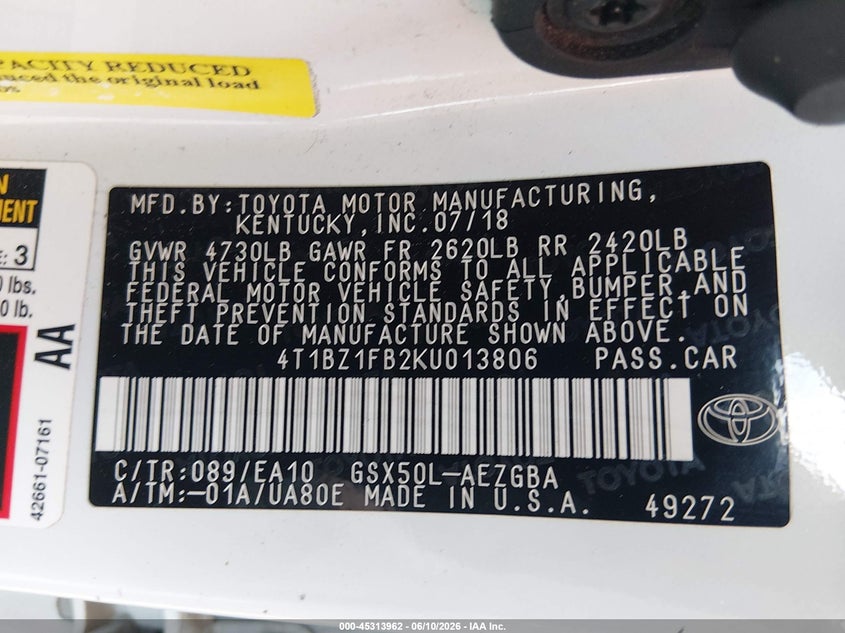 2019 Toyota Avalon Xle VIN: 4T1BZ1FB2KU013806 Lot: 45313962