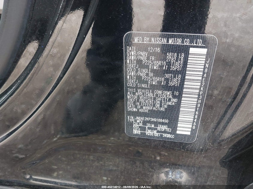 2017 Nissan Quest Sv VIN: JN8AE2KP3H9168450 Lot: 45314012