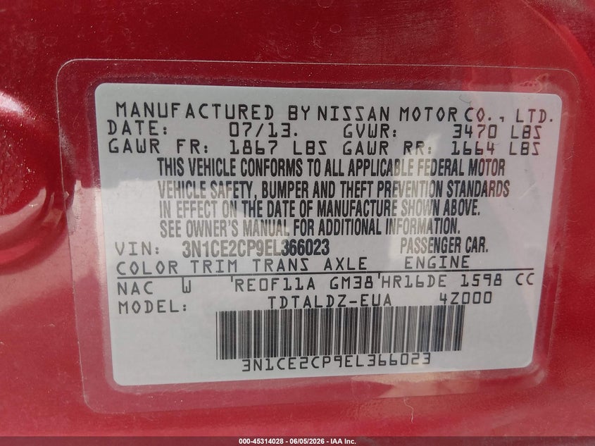 2014 Nissan Versa Note Sv VIN: 3N1CE2CP9EL366023 Lot: 45314028
