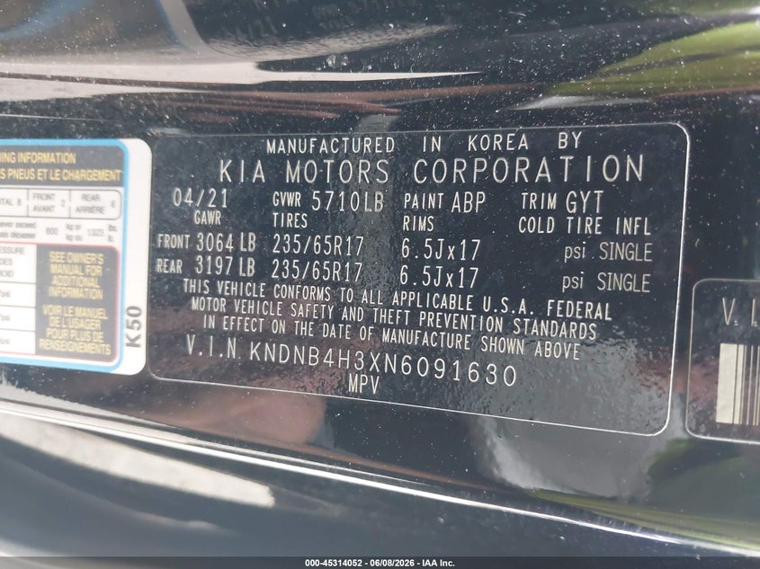 2022 Kia Carnival Mpv Lx Seat Package VIN: KNDNB4H3XN6091630 Lot: 45314052
