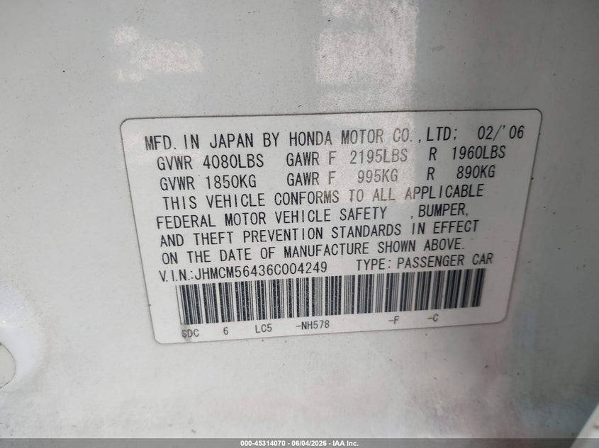 2006 Honda Accord 2.4 Lx VIN: JHMCM56436C004249 Lot: 45314070