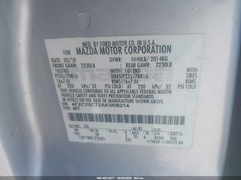 2010 Mazda Tribute I Sport VIN: 4F2CY0C72AKM08214 Lot: 45314077