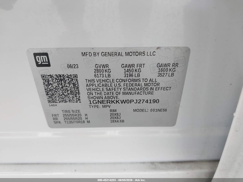2023 CHEVROLET TRAVERSE 3.6L V-6 DI, DOHC, V(VIN: 1GNERKKW0PJ274190