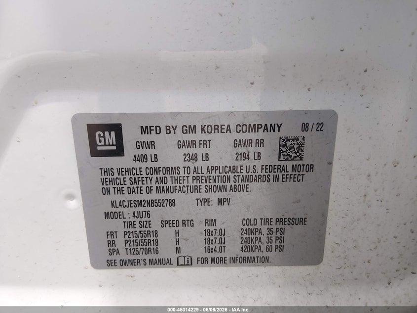 2022 Buick Encore Awd Preferred VIN: KL4CJESM2NB552788 Lot: 45314229